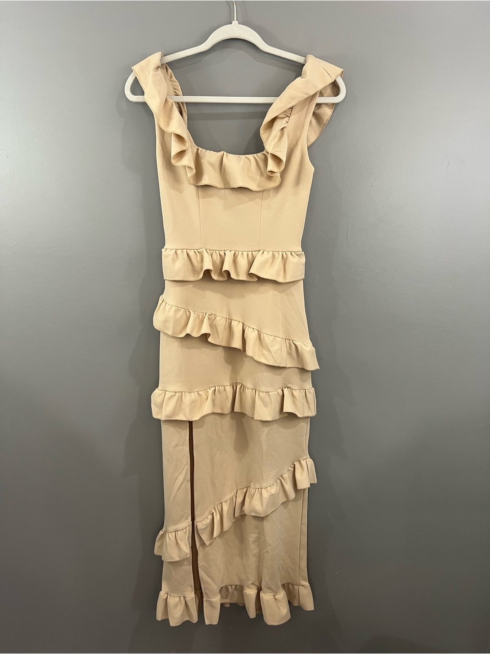 Show Me Your MuMu Beige One-Shoulder Ruffle Midi Dress
